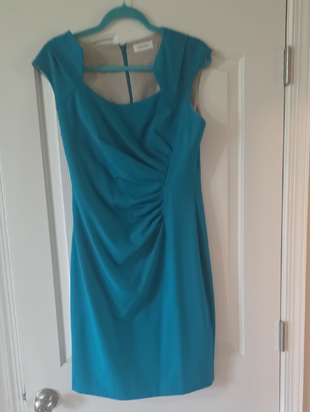 Calvin Klein Teal Sleeveless Sheath Dress with Front Drape